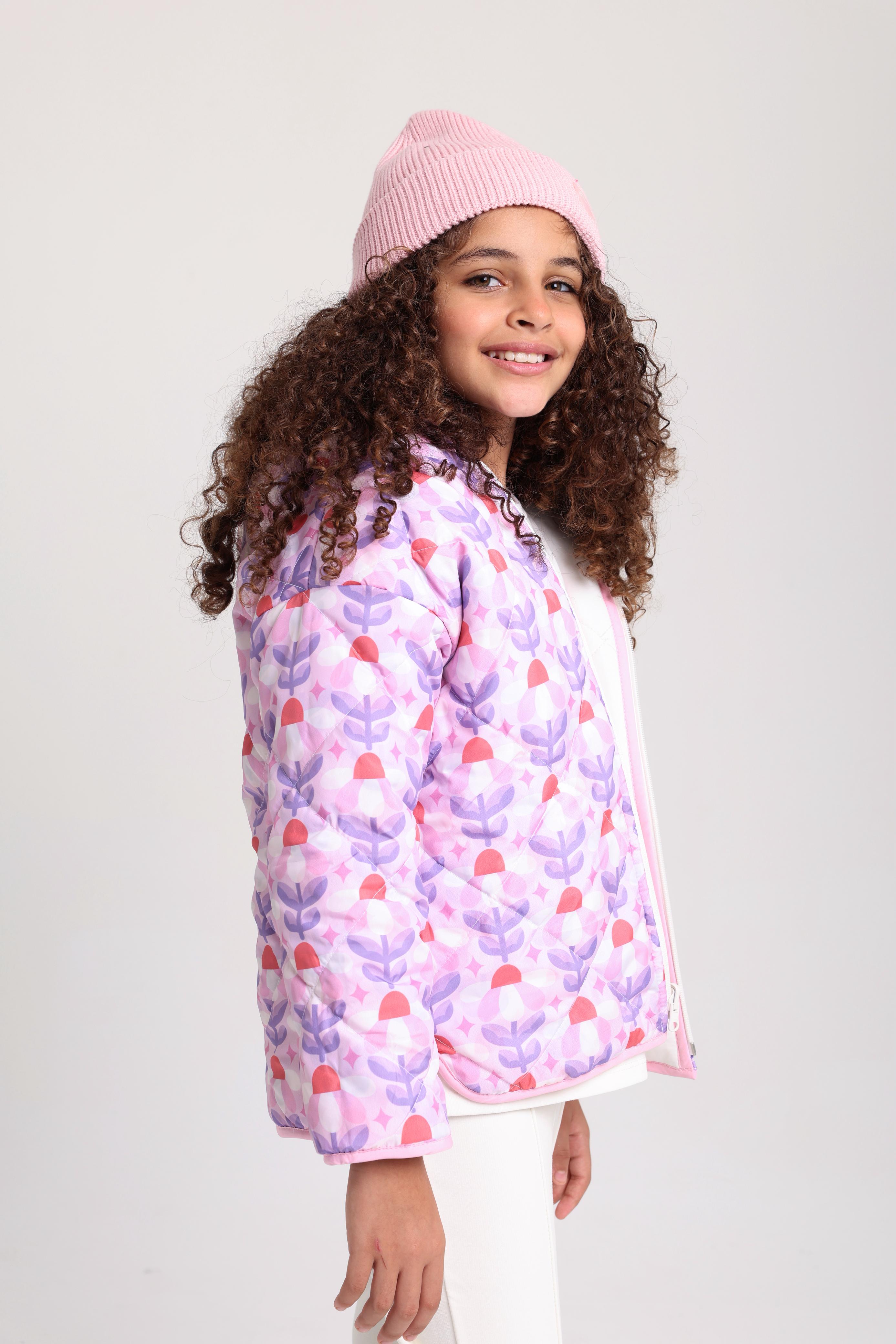 Baby Girls Waterproof Reversible Quilted Jacket –Off White & Pink Floral