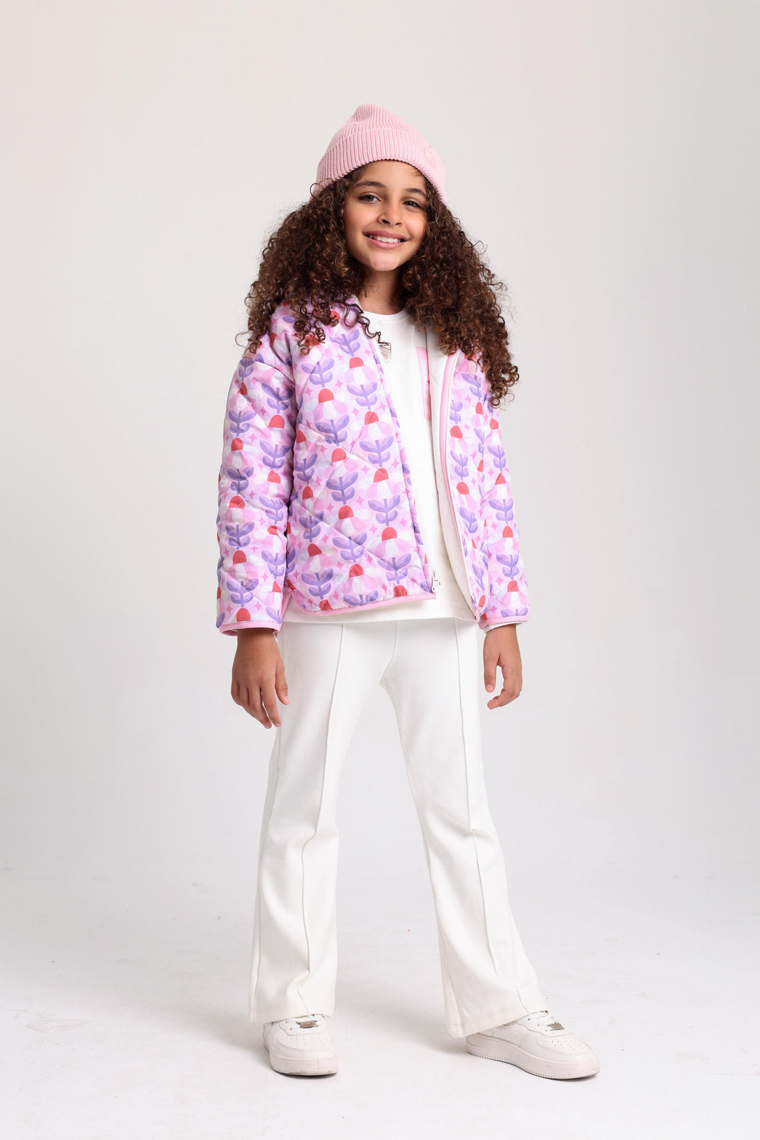 Baby Girls Waterproof Reversible Quilted Jacket –Off White & Pink Floral