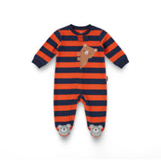 Baby Boys Fleeced Baby Footie – Striped Orange with Cute Bear Design