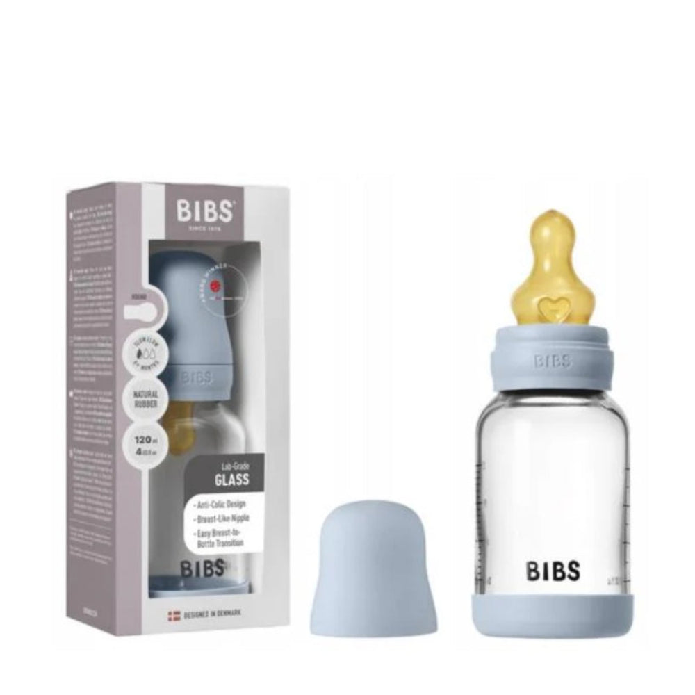 BIBS Glass Baby Bottle Round Latex - 1 pack 120 ml Slow Flow Baby Blue - Baby Essentials