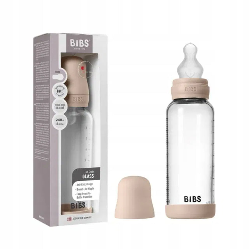 BIBS Glass Baby Bottle Round Silicone - 1 pack 240 ml Medium Flow Blush - Baby Essentials