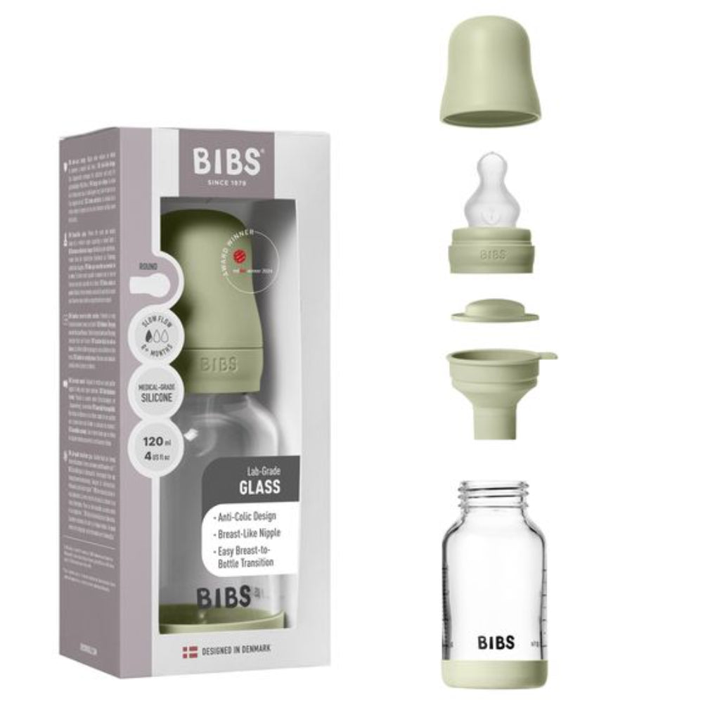 BIBS Glass Baby Bottle Round Silicone - 1 pack 120 ml Slow Flow Sage - Baby Essentials