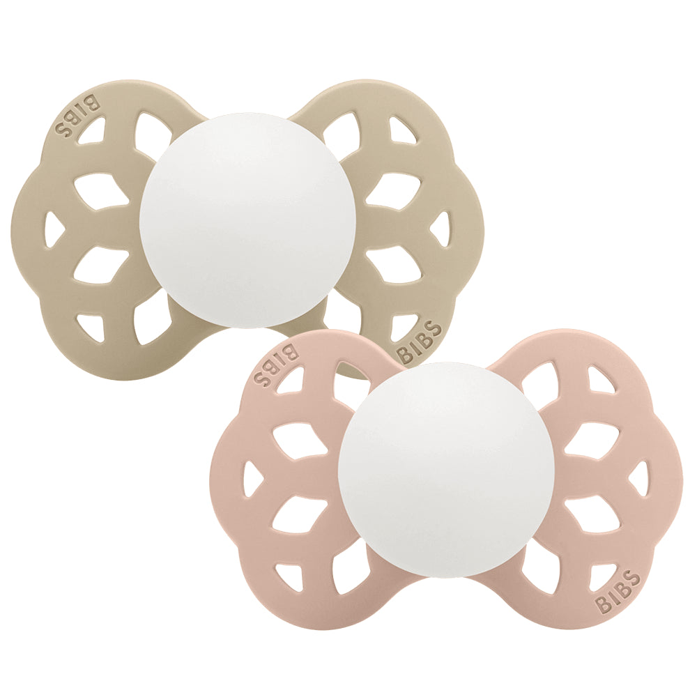 BIBS Glow in the Dark Infinity Pacifier Pack of 2 – Anatomical Silicone Size 1 Vanilla Glow/Blush Glow