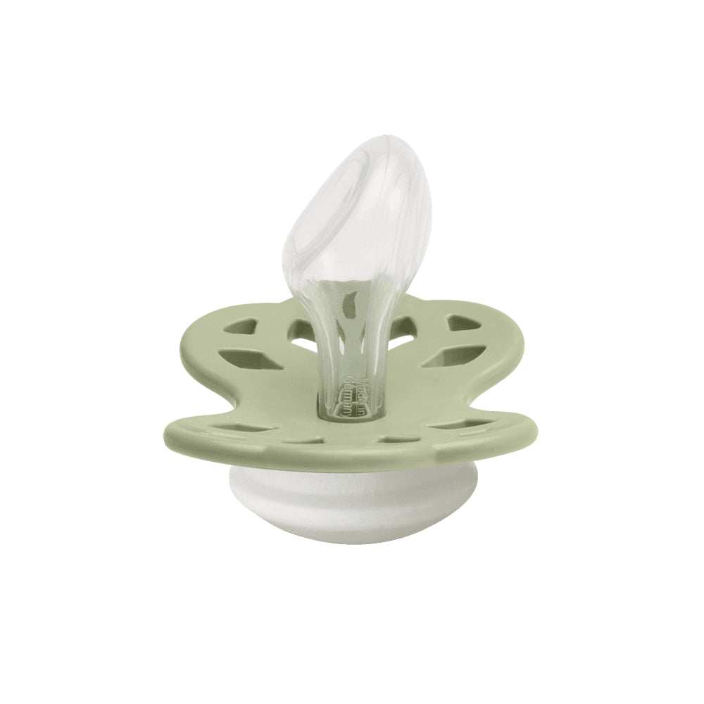 BIBS Glow in the Dark Infinity Pacifier Pack of 2 – Anatomical Silicone Size 1 Sage Glow/Cloud Glow