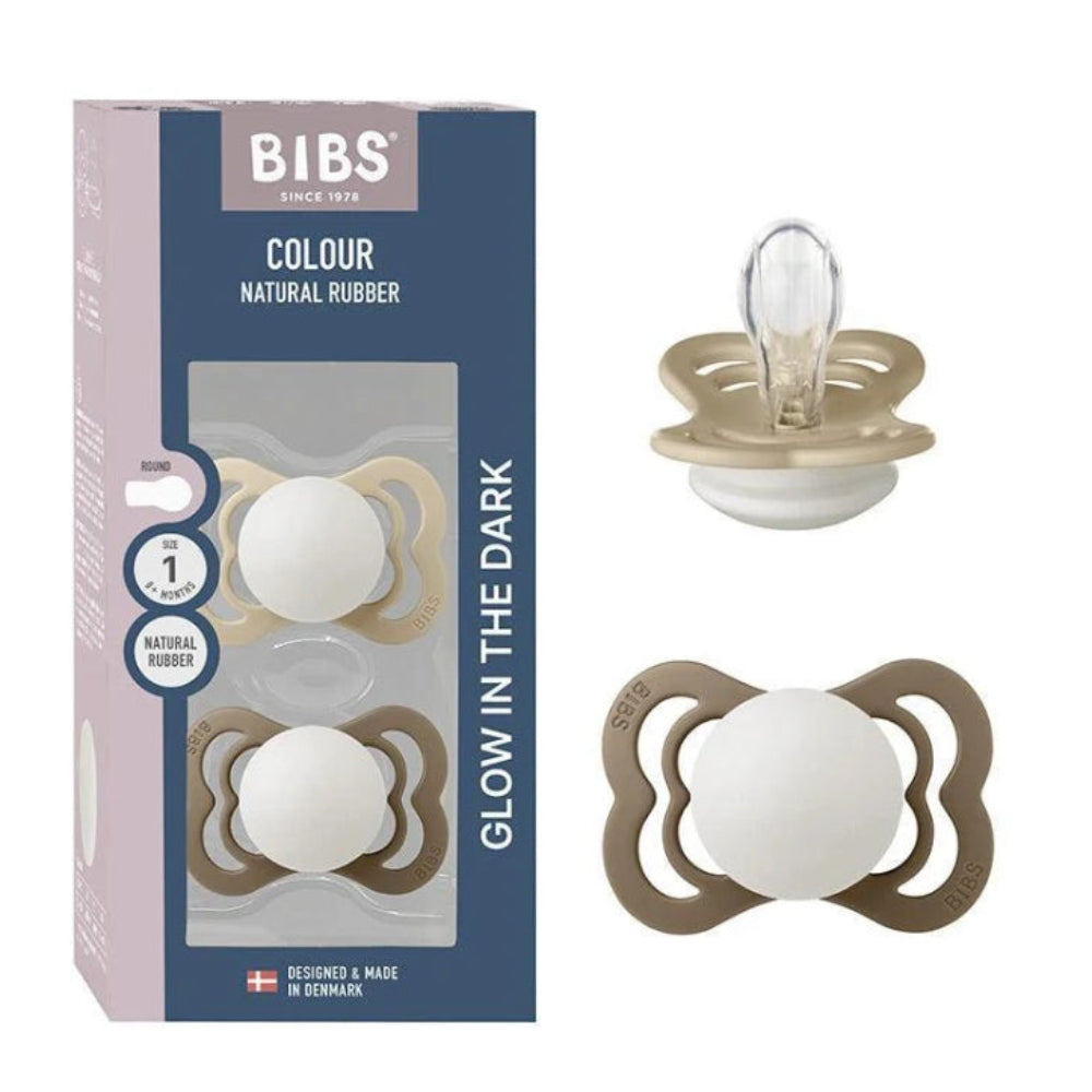 BIBS Pacifier Supreme 2 Pack – Silicone Size 2 Vanilla Glow/Dark Oak Glow