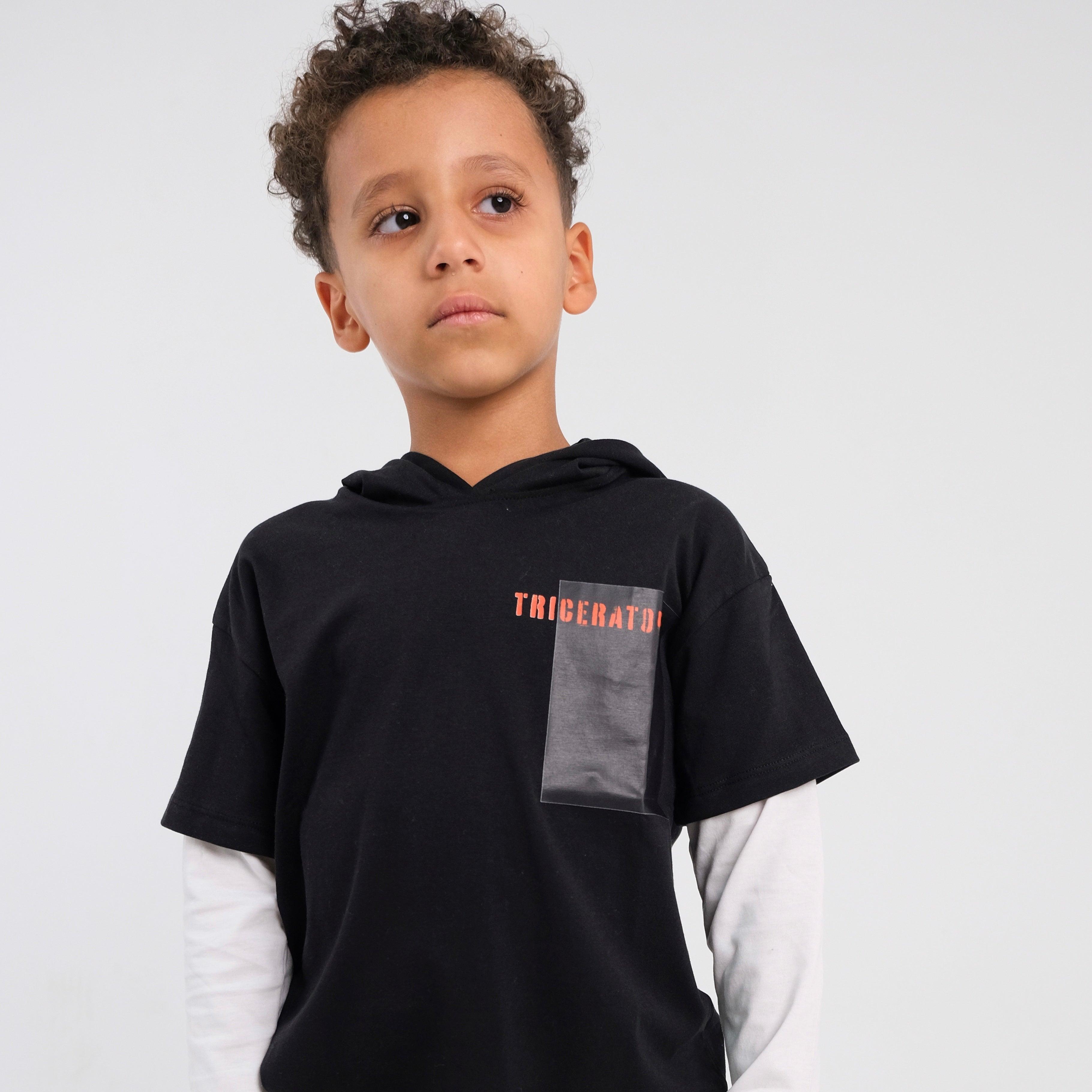 Black Long-Sleeved Hooded T-shirt - Ourkids - Playmore