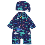 Boy's Overall Swimsuit + Cap (Sharks & Whales) - Ourkids - Global