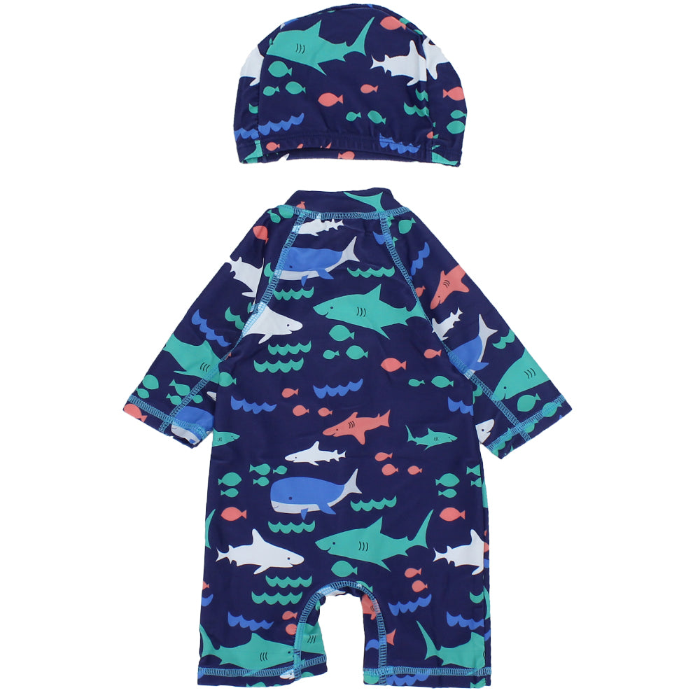 Boy's Overall Swimsuit + Cap (Sharks & Whales) - Ourkids - Global