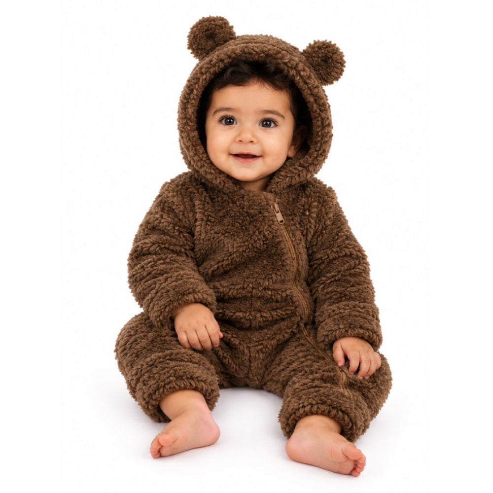 Unisex Baby Fleeced Hooded Baby Onesie – Coffee with Teddy Design