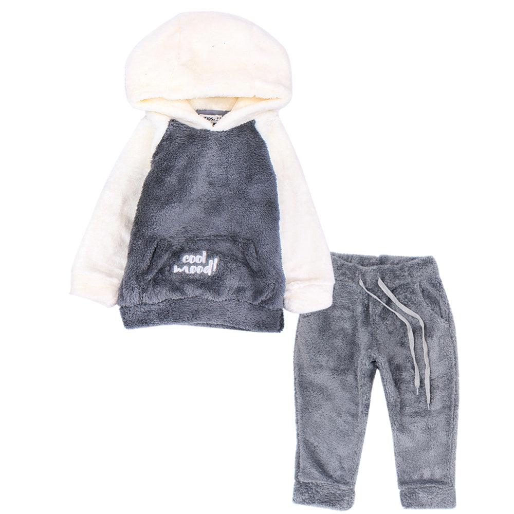 Charcoal/Cream Long-Sleeved Fleeced Hooded Pajama - Ourkids - Ourkids