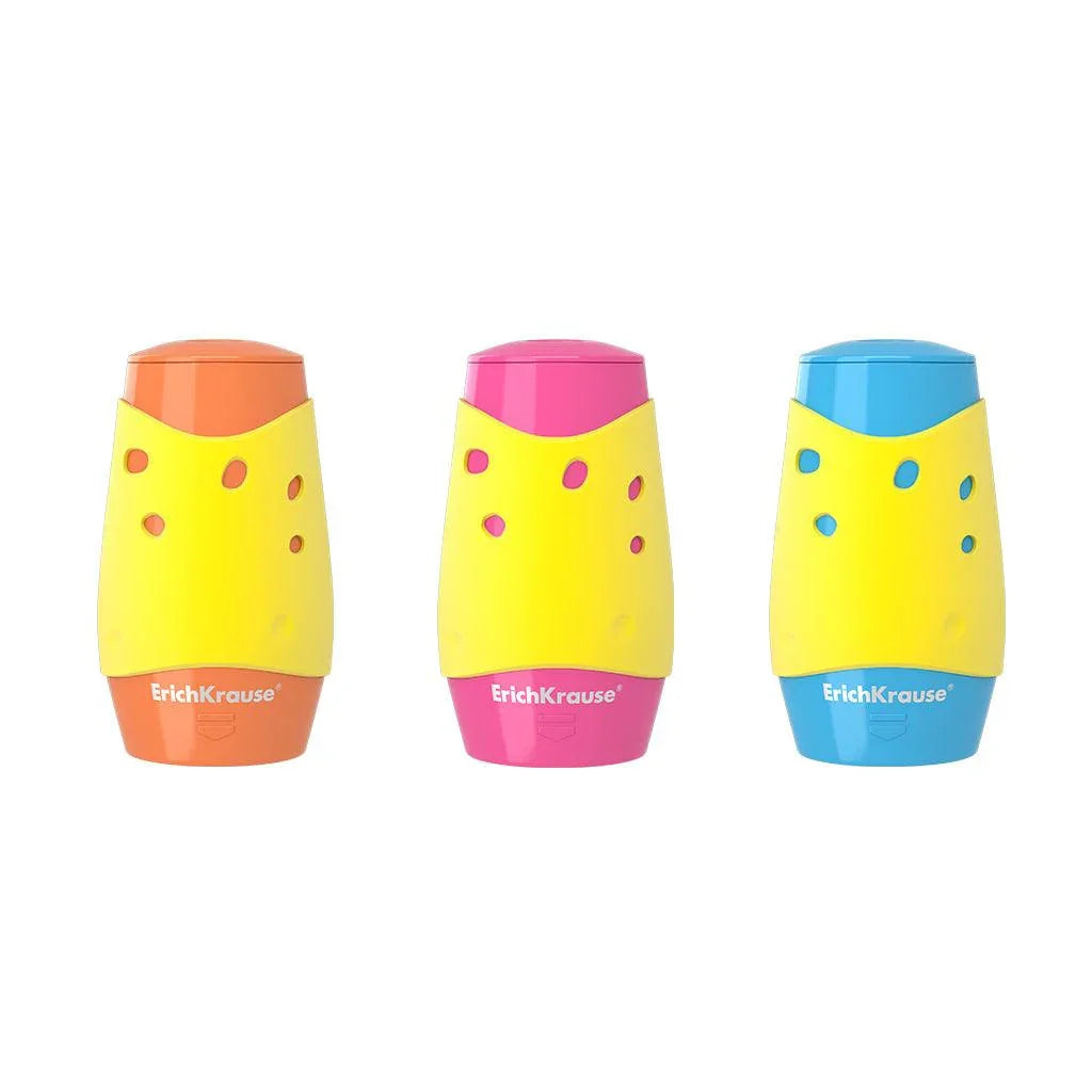 Double hole plastic sharpener ErichKrause® Cheese with a container, color: assorted (blister 1 pc.) - Ourkids - Erich Krause