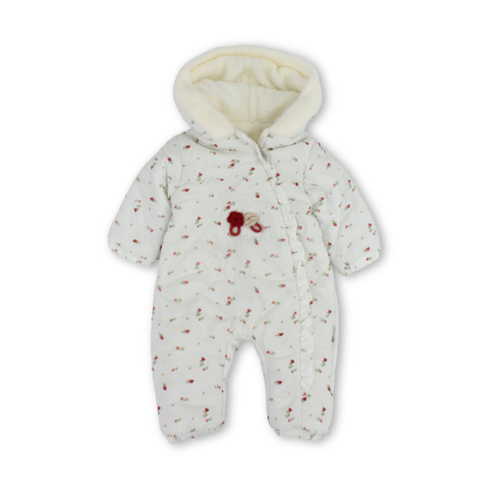 Baby Girls Padded Waterproof Hooded Baby Footie – Off-White with Red Floral Print