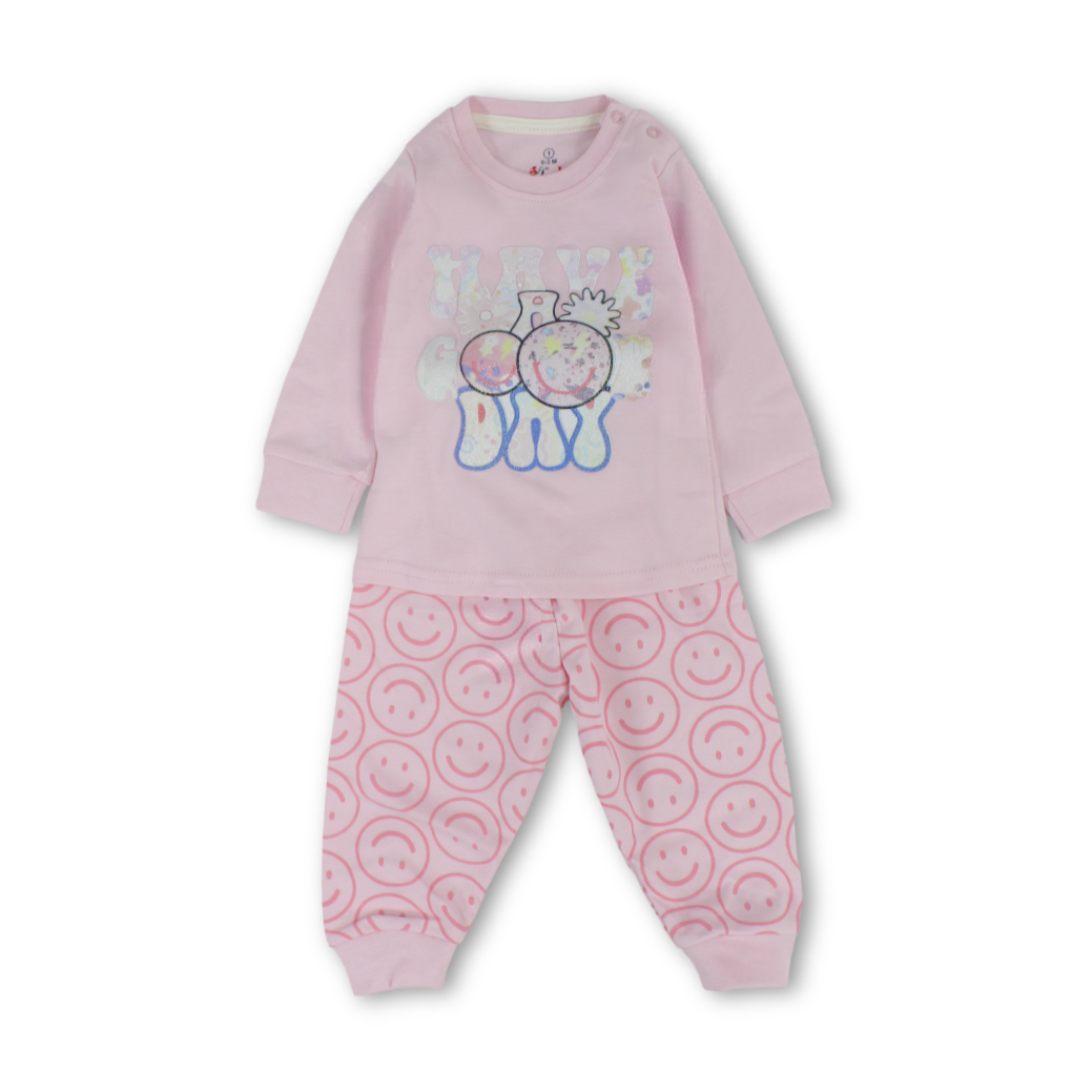 Baby Girls Long-Sleeved Pajama – Pink & Salmon with "Good Day" Print