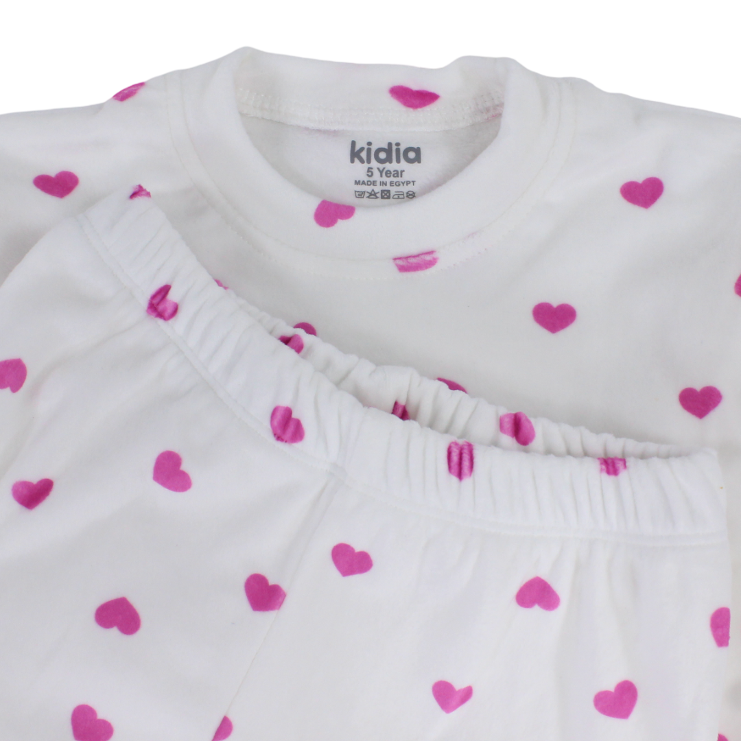 Girls Long-Sleeved Pajama – White with Hearts Print