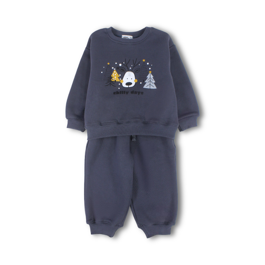 Boys Cotton Long-Sleeved Pajama – Grey with Christmas Trees Print