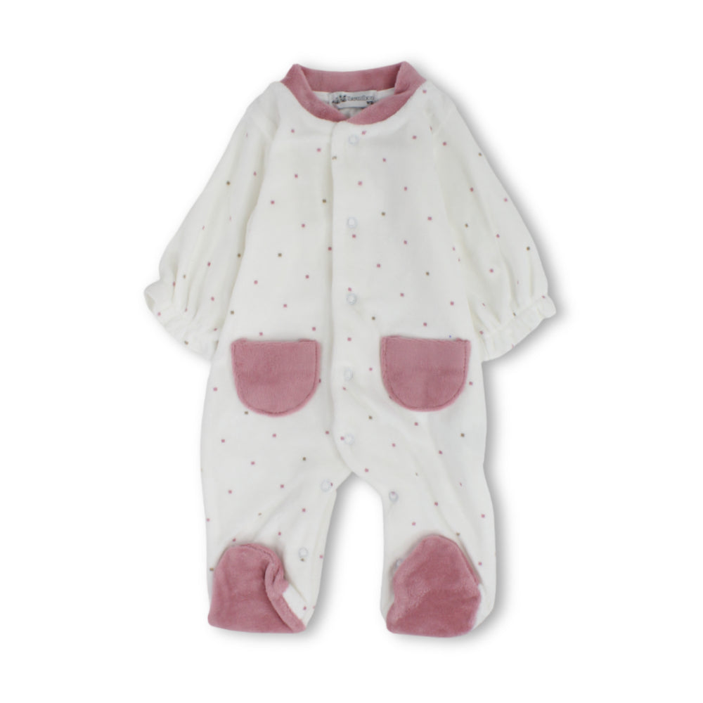 Baby Girls Cotton Baby Footie – Off-White with Polka Dots & Dusty Pink Pockets