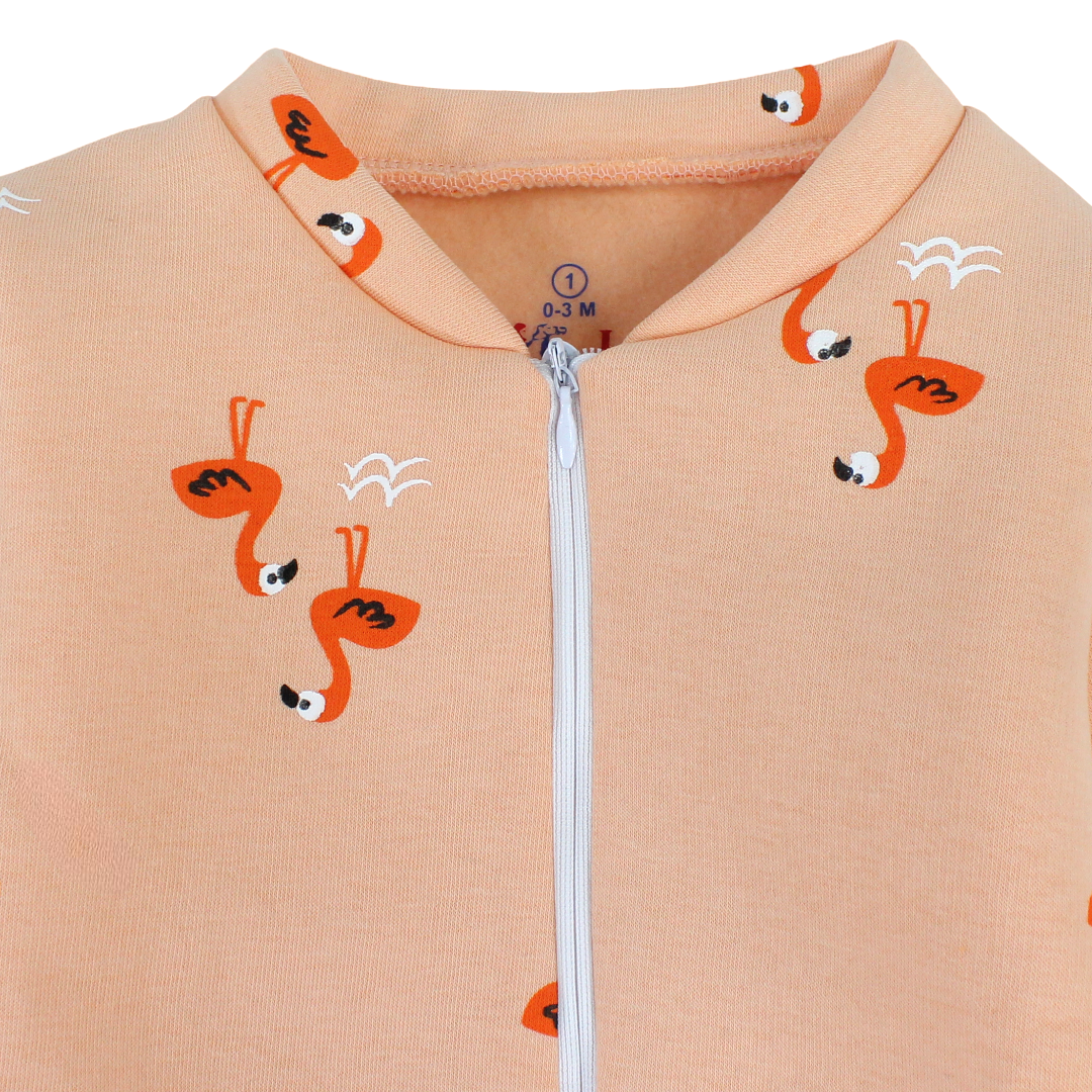 Baby Girls Long-Sleeved Baby Footie – Off-White & Salmon with Flamingo Print