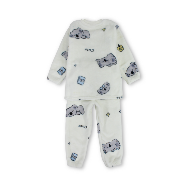 Girls Velvet Long-Sleeved Pajama – Off White with Koala Print