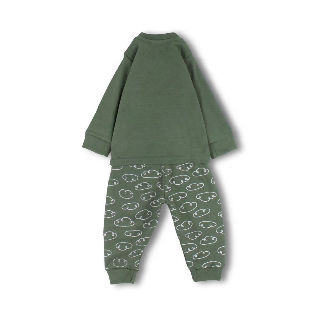 Baby Boys Long-Sleeved Pajama – Olive & Petrol Blue with Yellow Car Print