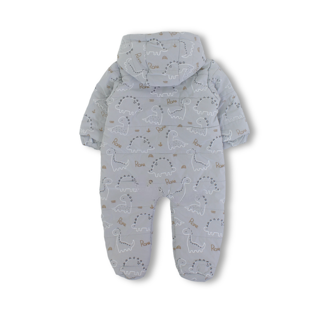 Baby Boys Padded Waterproof Baby Footie – Grey with Dinosaur Detail