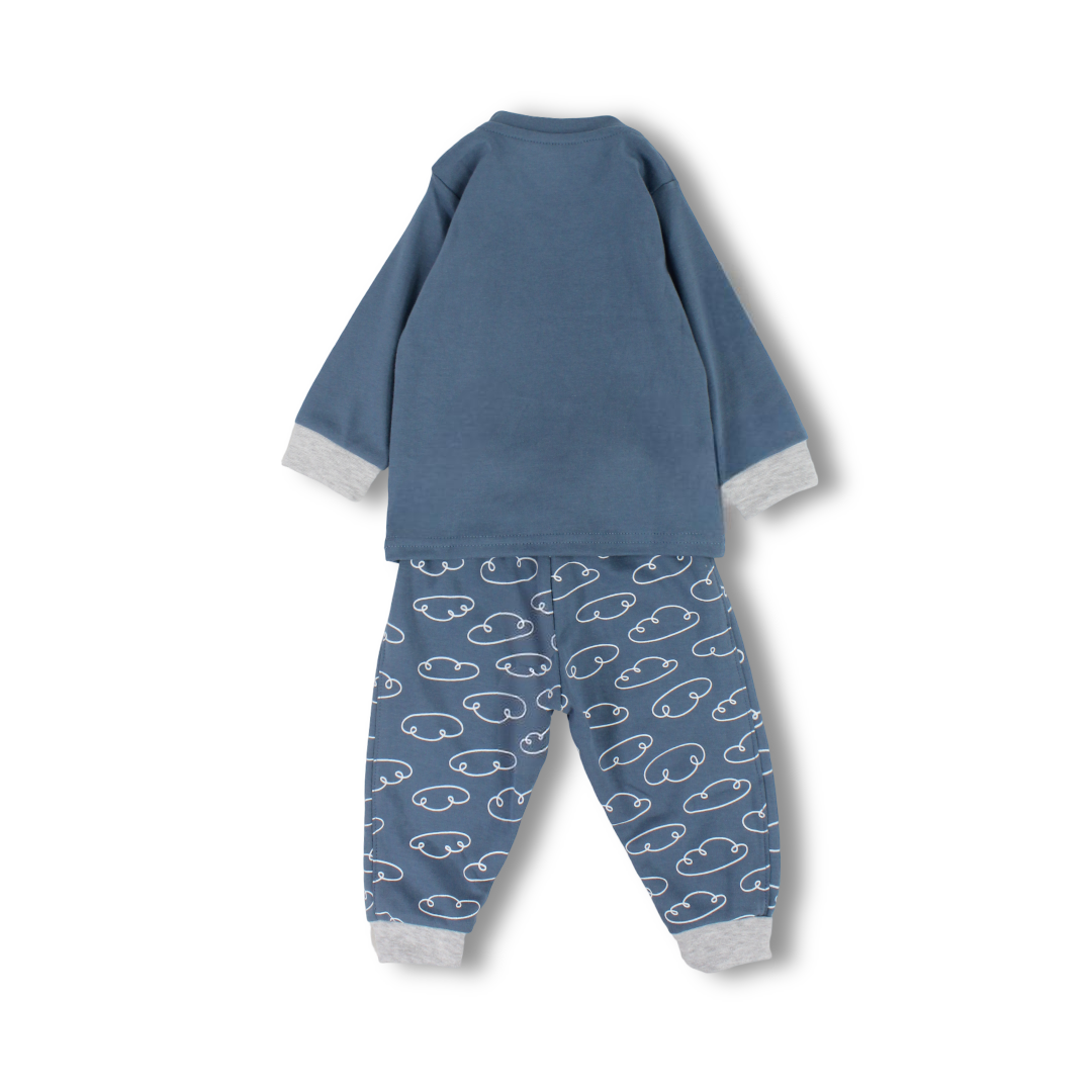 Baby Boys Long-Sleeved Pajama – Olive & Petrol Blue with Yellow Car Print