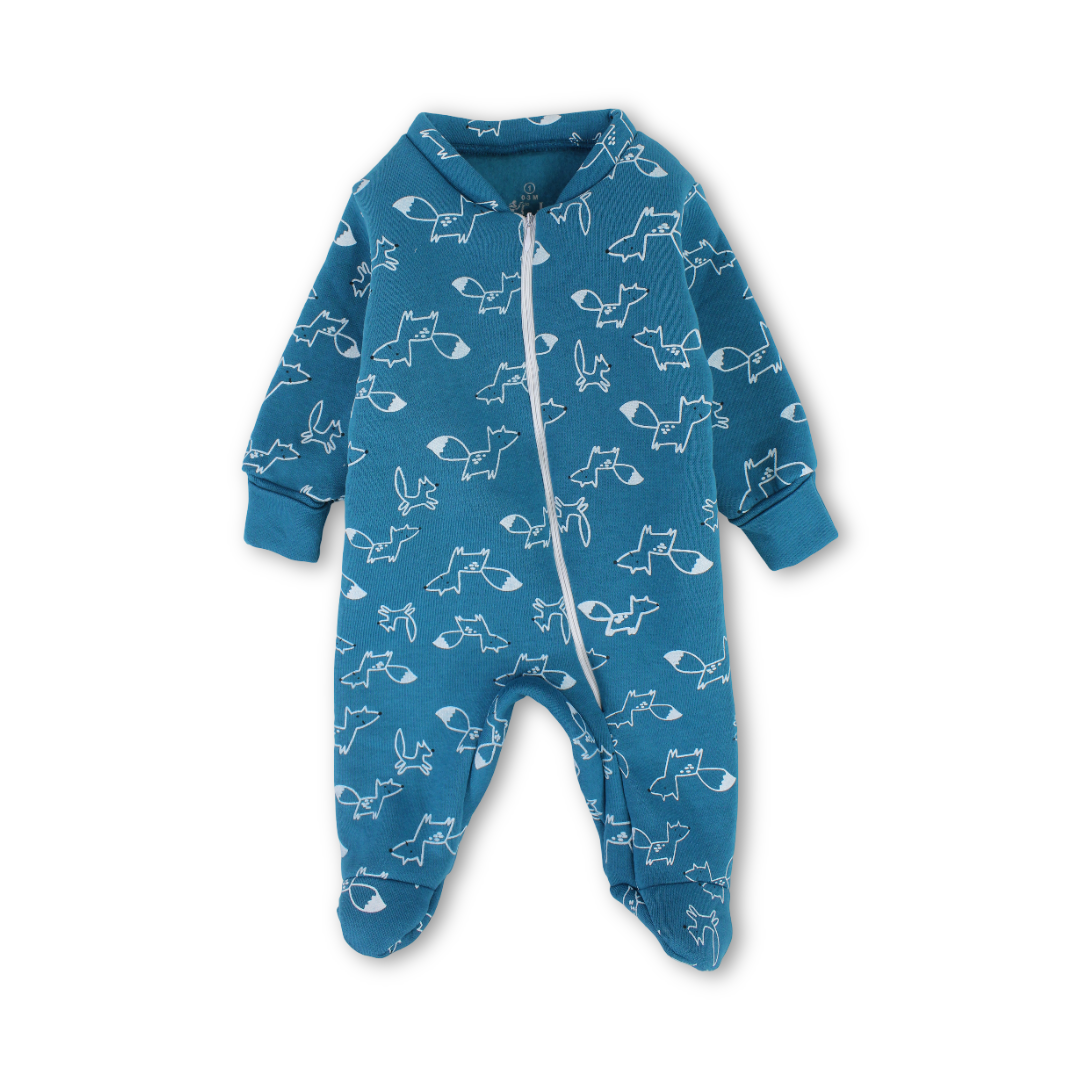 Baby Boys Long-Sleeved Baby Footie – Baby Blue & Petrol Blue with Animal Print