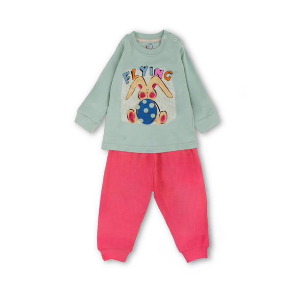 Baby Girls Long-Sleeved Pajama – Mint & Salmon with Flying Rabbit Print