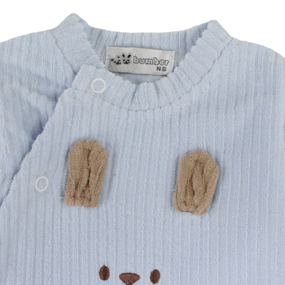 Baby Boys Cotton Ribbed Baby Footie with Bear Face Detail