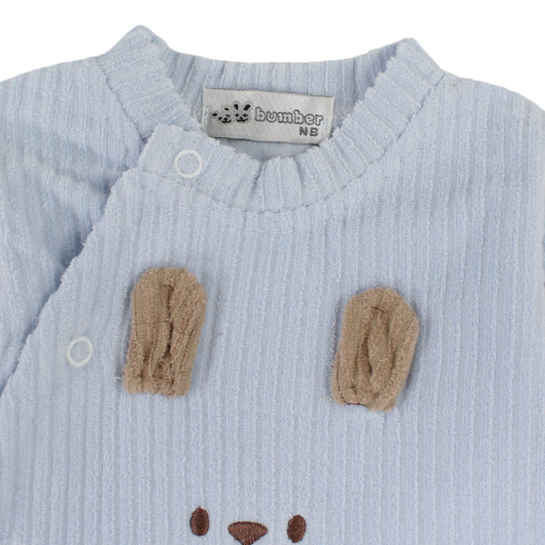 Baby Boys Cotton Ribbed Baby Footie with Bear Face Detail