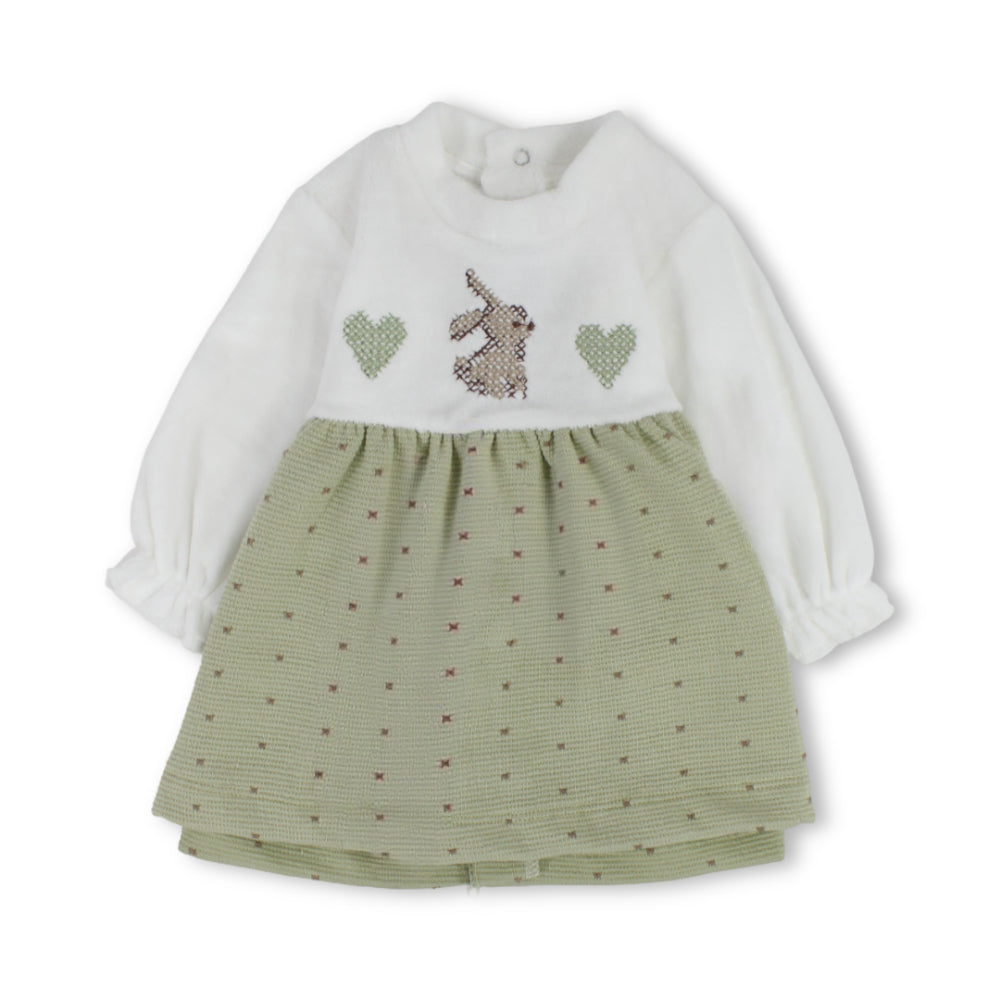 Baby Girls Cotton Long-Sleeved Dress with Bunny & Hearts Detail