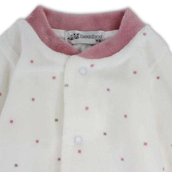 Baby Girls Cotton Baby Footie – Off-White with Polka Dots & Dusty Pink Pockets