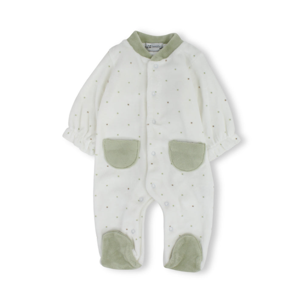 Baby Girls Cotton Baby Footie – Off-White with Polka Dots & Pistachio Pockets