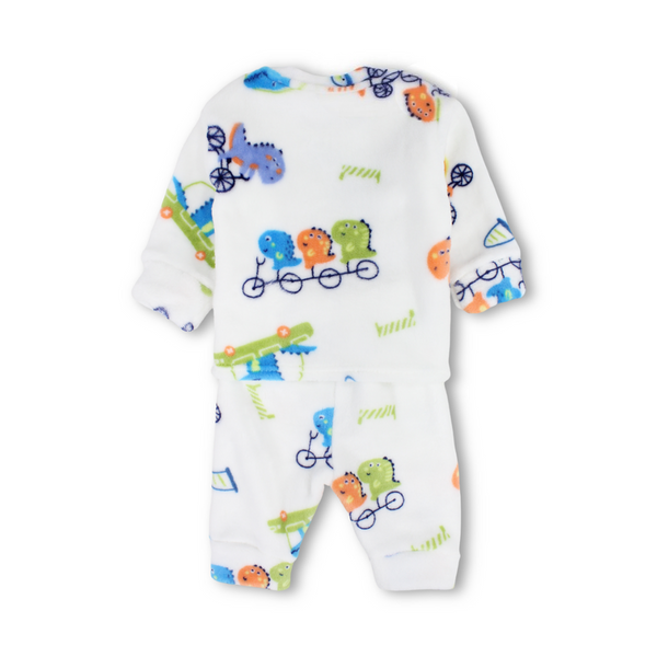 Baby Boys Fleece Long-Sleeved Pajama – White with Dino Bike Print