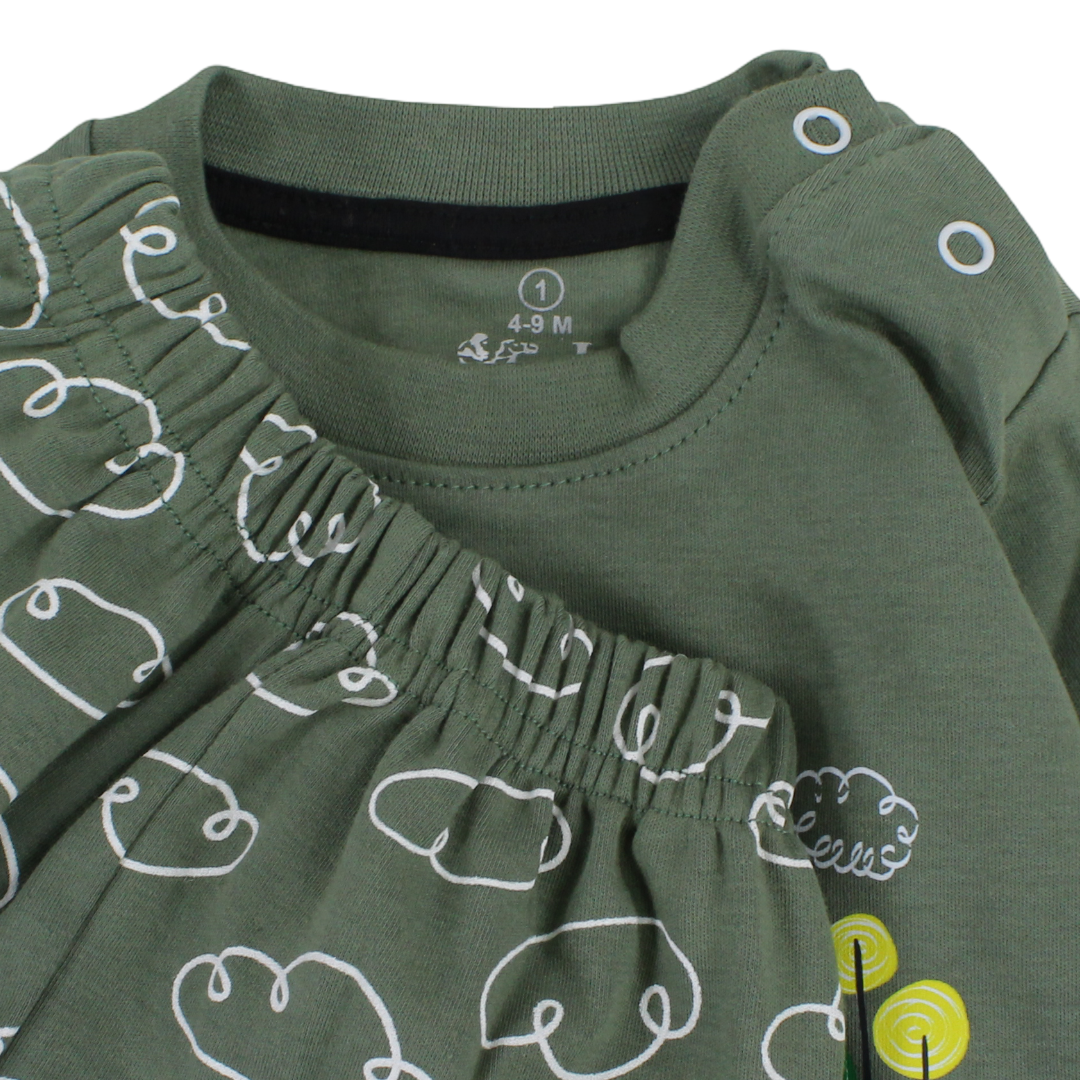 Baby Boys Long-Sleeved Pajama – Olive & Petrol Blue with Yellow Car Print