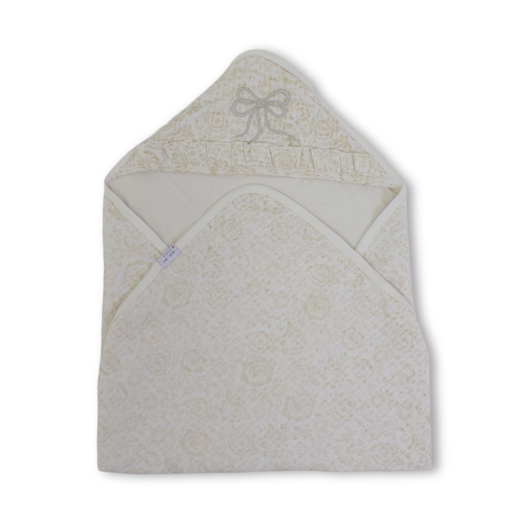 Baby Girls Waffle Blanket – Beige & Off-White with One Flower Detail