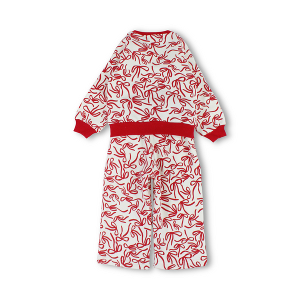 Girls Long-Sleeved Pajama – Off-White with Ribbons & Bows Print