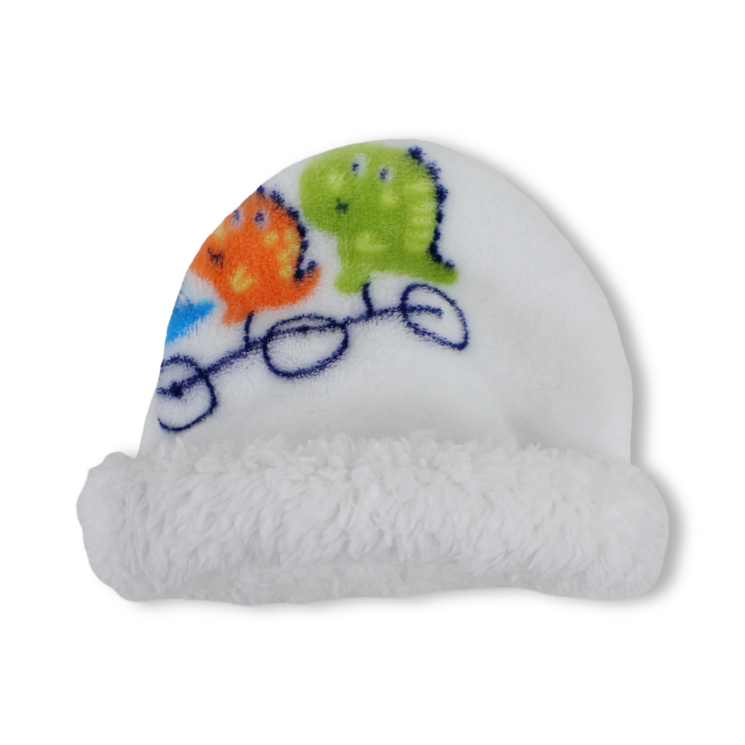 Baby Boys Beanie – White with Dino Bike Print