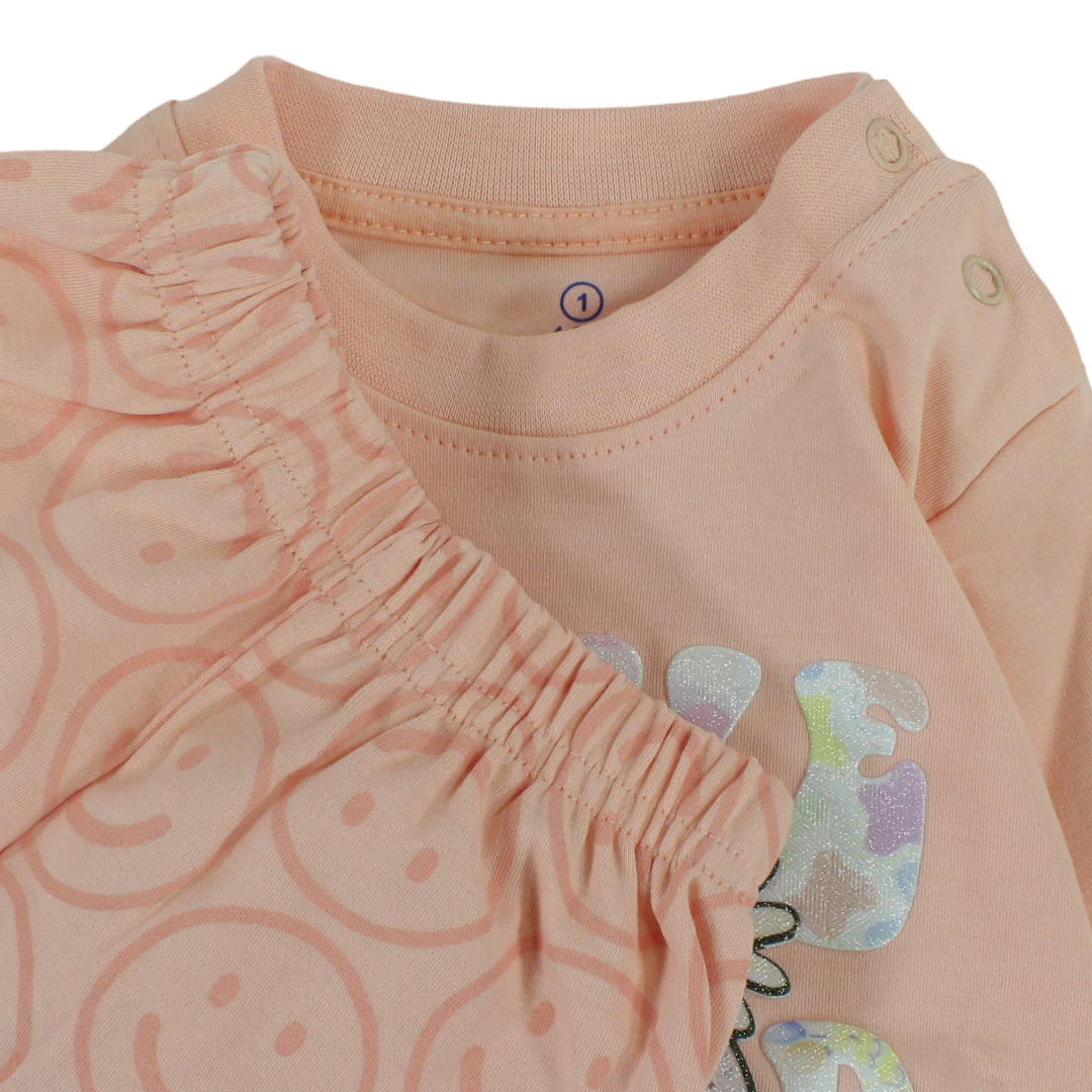 Baby Girls Long-Sleeved Pajama – Pink & Salmon with "Good Day" Print