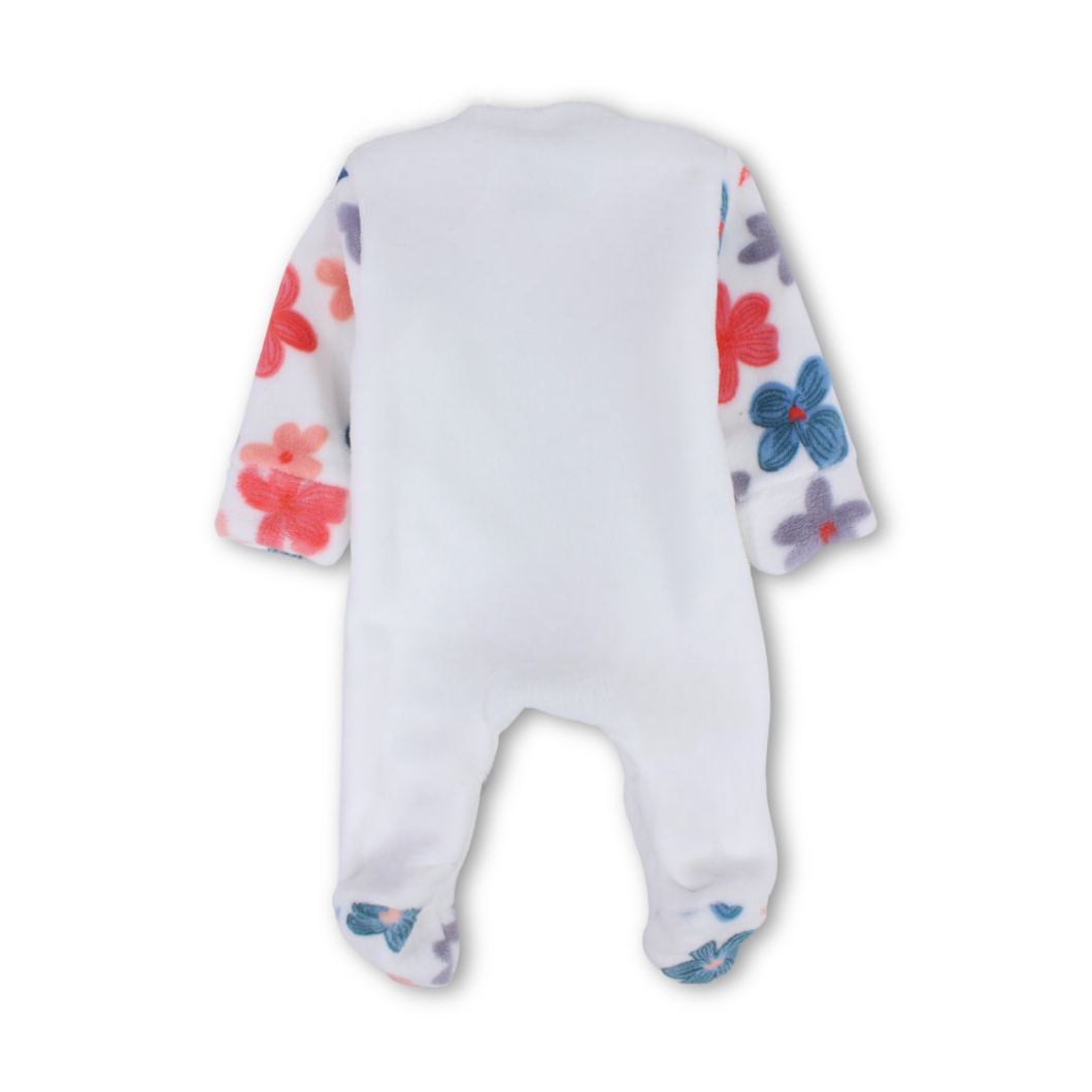 Unisex Long-Sleeved Baby Footie – White with Dogs & Flowers Print