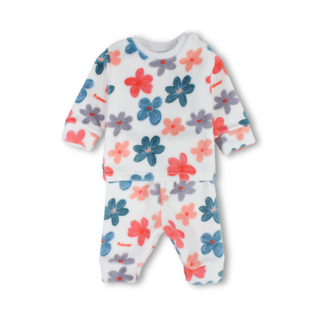 Baby Girls Long-Sleeved Pajama – White with Flower Print