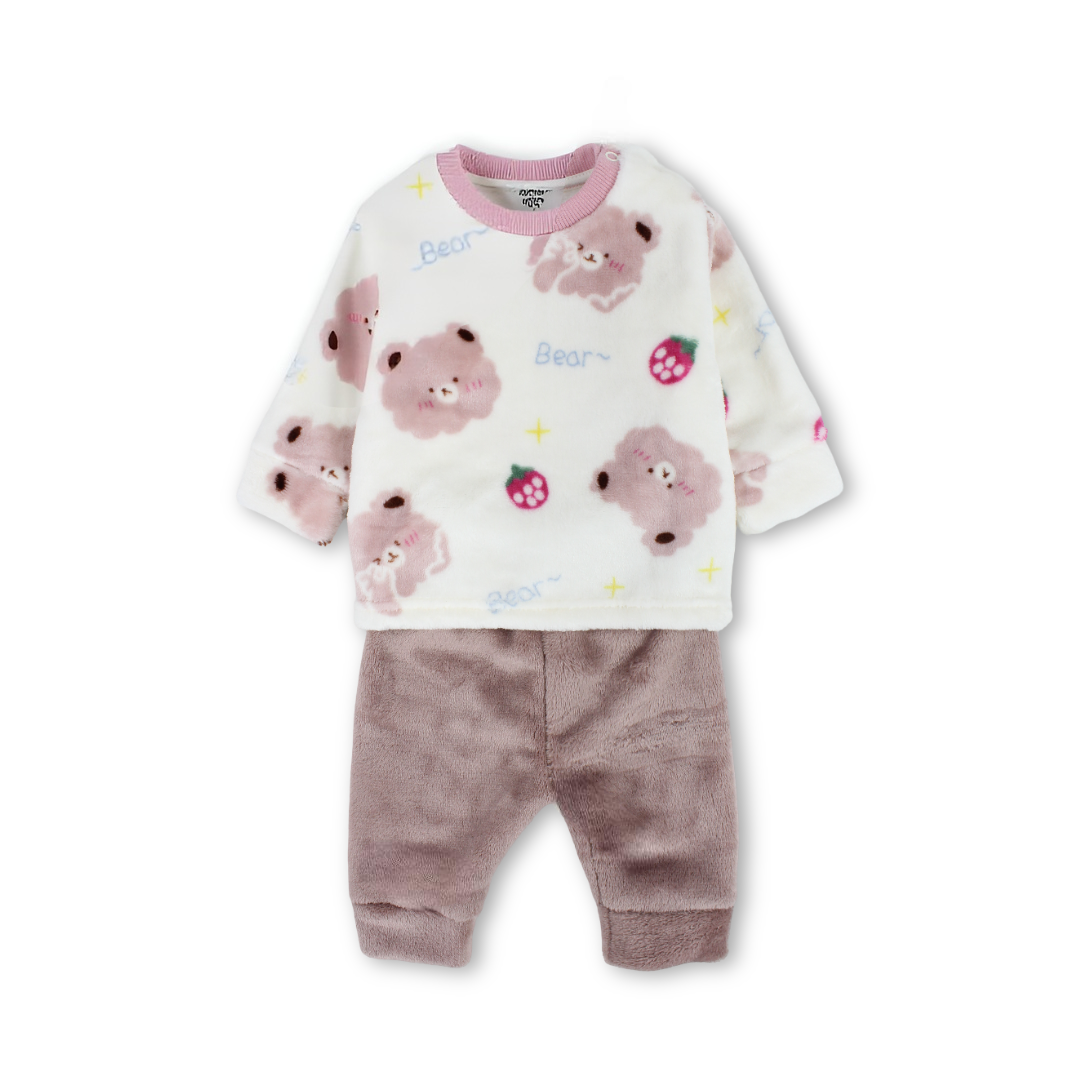 Baby Girls Long-Sleeved Pajama – Off-White with Bear Print