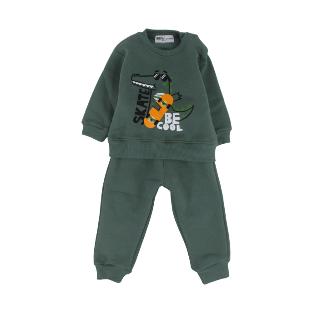 Baby Boys Long-Sleeved Pajama Set – Olive with "Skate Be Cool" Print