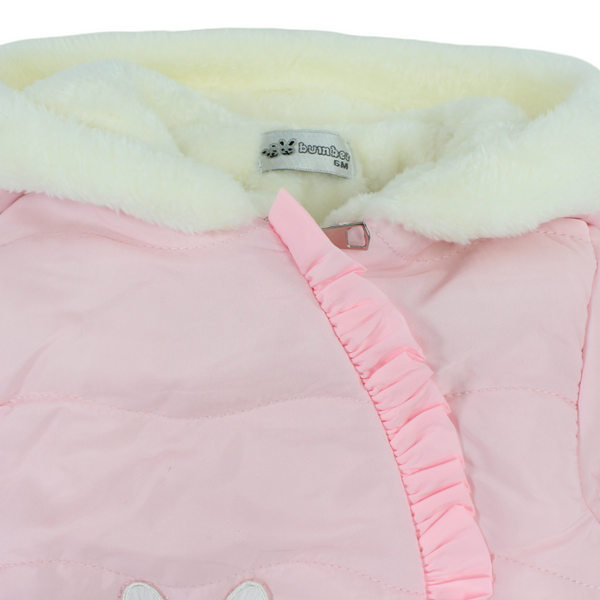 Baby Girls Padded Waterproof Long-sleeved Baby Footie – Pink With Bunny Face Embroidery