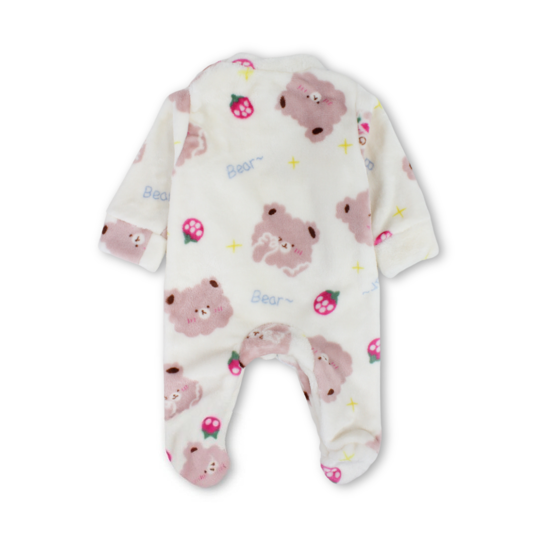 Baby Girls Long-Sleeved Baby Footie – Off-White with Bear Print