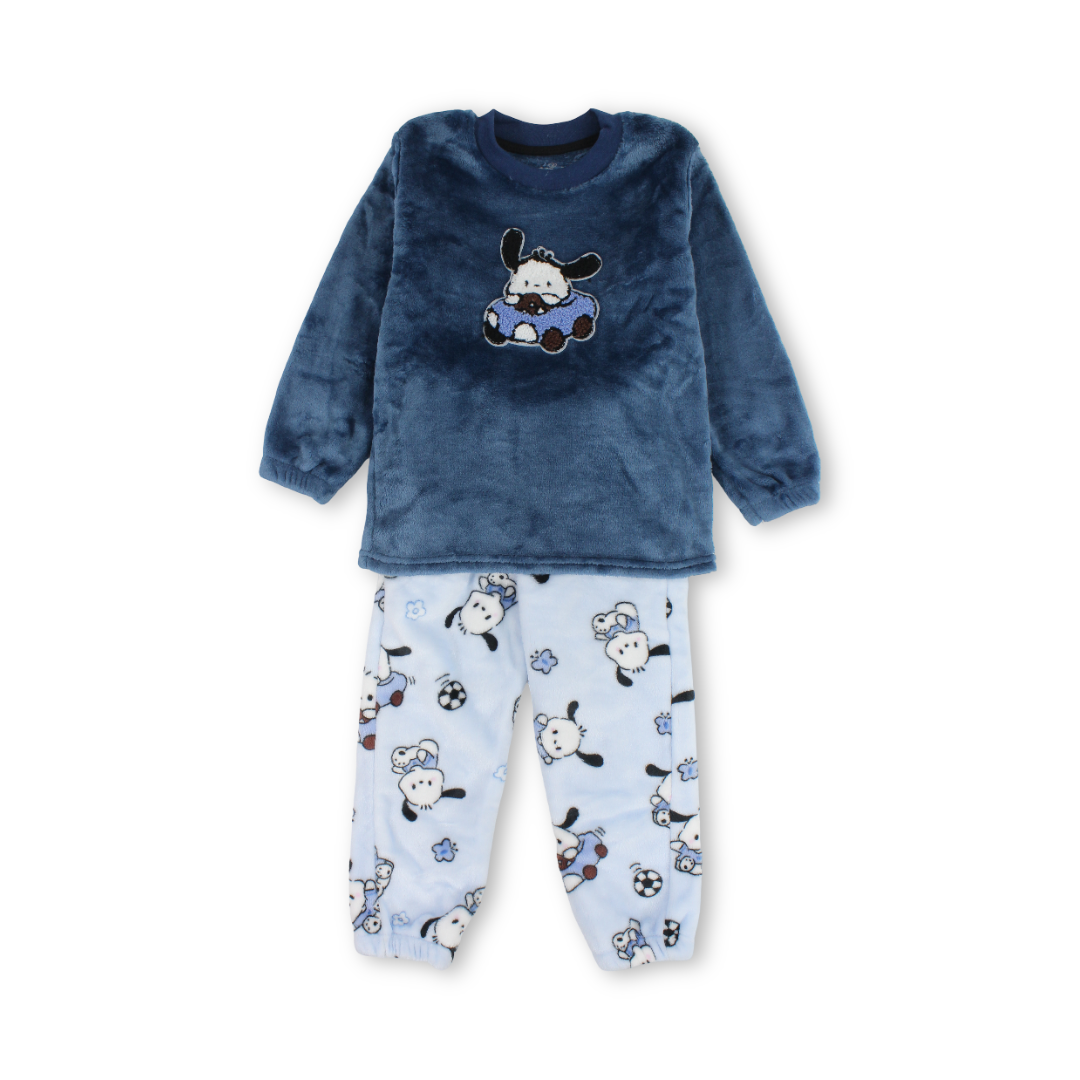 Boys Velvet Long-Sleeved Pajama – Petrol Blue with Dog & Car Print