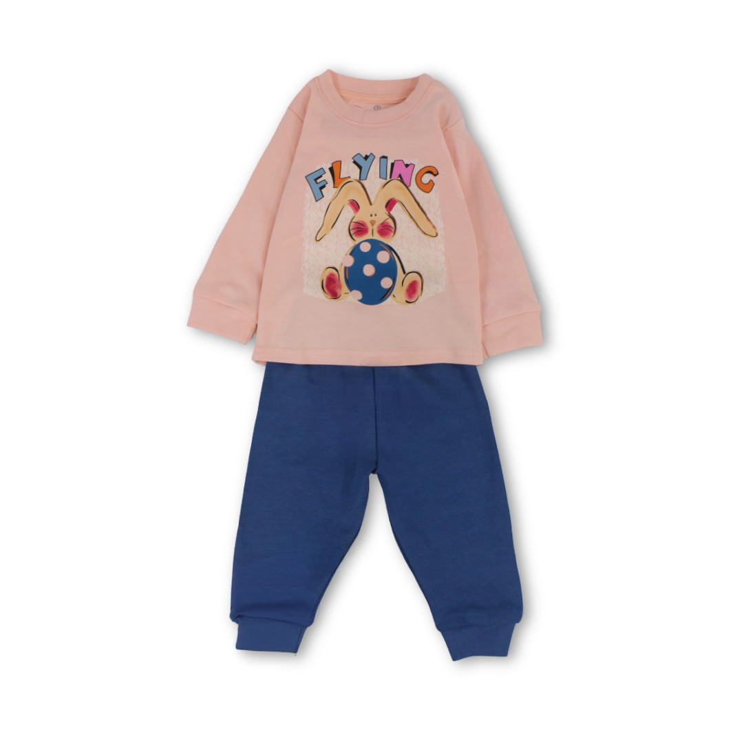 Baby Girls Long-Sleeved Pajama – Mint & Salmon with Flying Rabbit Print