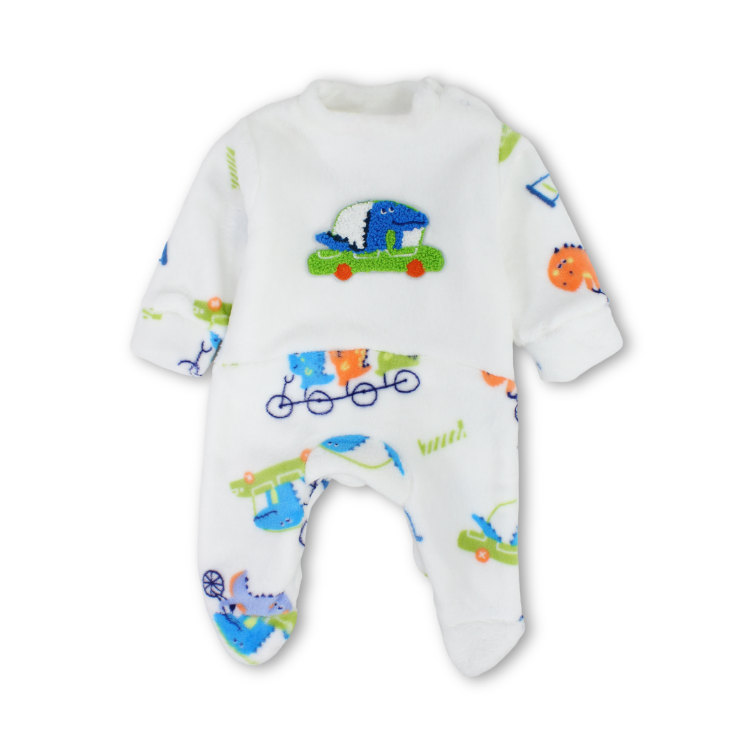 Baby Boys Long-Sleeved Baby Footie – White with Dino Bike Print