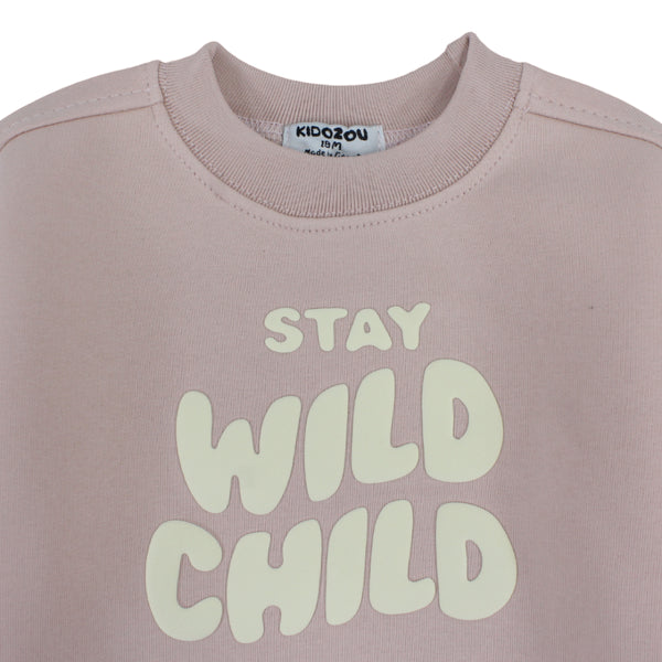 Girls Cotton Sweatshirt – Dusty Pink with "Stay Wild Child" Print