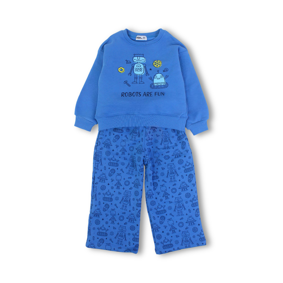 Boys Long-Sleeved Pajama Set – Indigo with "Robot" Print