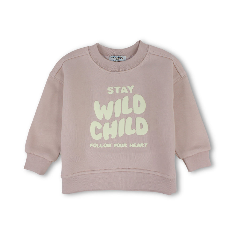 Girls Cotton Sweatshirt – Dusty Pink with "Stay Wild Child" Print